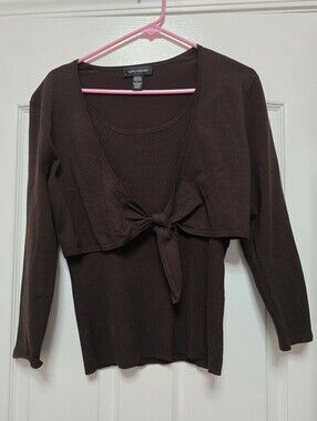 Cable & Gauge Ribbed Tie-Front Long Sleeve Top - Brown, size Large